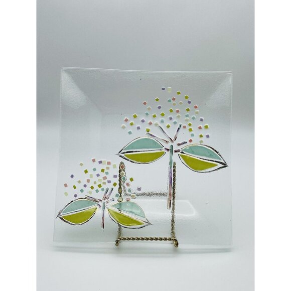 Vintage Hand Painted Mosaic Floral Square Dinner Plate Frosted Green Serve Ware - Picture 1 of 5